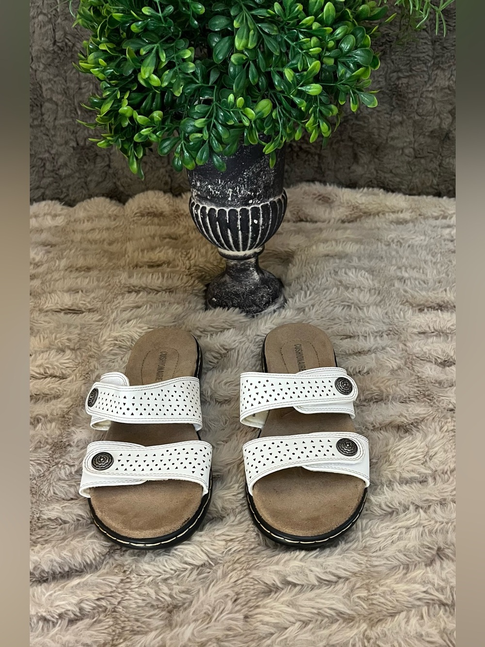 Women’s White Perforated Double-Strap Slide Sandals